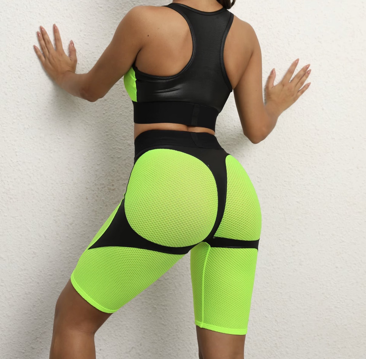 Active  Leather Mesh Body Short Set –  Green